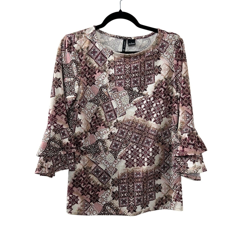 New Directions Tile Print Blouse S Burgundy Tiered Bell Sleeve Boho Contemporary